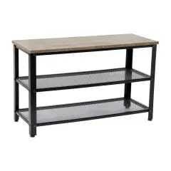 Emma and Oliver Isla 3-Tier Storage Bench with Metal Mesh Shelves for Entryway, Mudroom, or Bedroom Weathered Brown