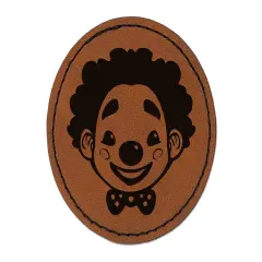 Cute Chibi Circus Party Clown Child Kid Round Iron-On Engraved Faux Leather Patch Applique - 2.5" Brown