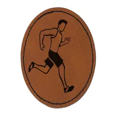 Running Man Fitness Exercise Marathon Workout Jogging Round Iron-On Engraved Faux Leather Patch Applique - 2.5" Brown