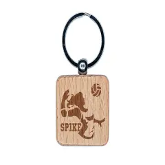 Volleyball Woman Spike Sports Move Engraved Wood Square Keychain Tag Charm