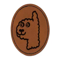 Funny Alpaca Face Doodle Round Iron-On Engraved Faux Leather Patch Applique - 2.5" Brown