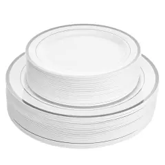 60 Silver Plastic Plates Disposable Heavy Duty Premium Plastic Plates, 30 Plastic Dinner Plates + 30 Dessert Appetizer Plates for Weddings, Fancy Disposable Plates for Party White Plastic Plates