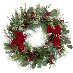 Northlight Real Touch&trade;️ Roses and Berries Artificial Christmas Wreath - 30" - Unlit Green