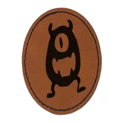 One Eyed Monster Creature Round Iron-On Engraved Faux Leather Patch Applique - 2.5" Brown
