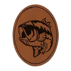 Largemouth Bass Fish Fishing Round Iron-On Engraved Faux Leather Patch Applique - 2.5" Brown