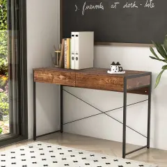 44 Inch Home Office Desk with 2 Separate Drawers and Steel Frame Rustic Brown