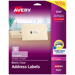 Avery Matte Clear Address Labels, Sure Feed Technology, Laser, 1" x 2-5/8", 750 Labels (5630)