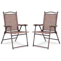 Set of 2 Patio Folding Sling Back Camping Deck Chairs with Steel Tube and Plastic Frame Brown