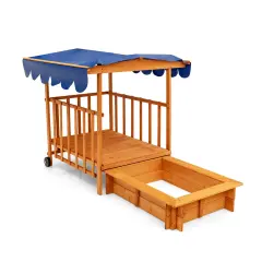 Kids Outdoor Wooden Retractable Sandbox with Cover and Built-in Wheels