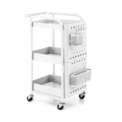 3-Tier Utility Storage Cart with DIY Pegboard Baskets and 4 Hanging Hooks for Any Room White