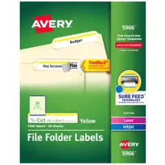 Avery TrueBlock File Folder Labels, 2/3" x 3-7/16", 1,500 Printable Labels, White/Yellow (5966)