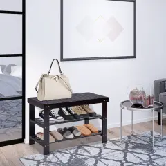 3-Tier Wicker Slatted Shoe Bench Holds up to 6 Pairs for Entryway Black