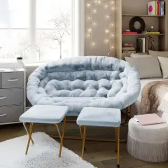 Emma and Oliver Janey Folding Double Saucer Chair with 2 Ottomans and Steel Frame for Dorm or Bedroom AquaFabric/SoftGold