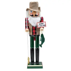 Ornativity Christmas Fisher Man Nutcracker &ndash; Red and Green Wooden Fisherman Nutcracker Man with Fishing Rod and Fish in Hand Xmas Themed Holiday Nut Cracker Doll Figure Decorations