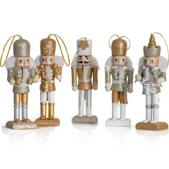 Ornativity Nutcracker Hanging Ornament Figures &ndash; Gold and Silver Glittered Christmas Mini Wooden King and Soldier Nutcrackers Xmas Tree Ornament Set &ndash; 5 Pieces