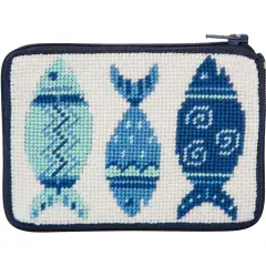 Blue Fishes Needlepoint Coin Purse Kit-- Stitch & Zip Multicolor