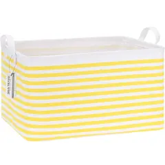 Sea Team Collapsible Canvas Fabric Storage Basket with Handles, Rectangle Waterproof Storage Bin, Box, Cube, Foldable Shelf Basket, Closet Organizer, 16.5 x 11.8 x 9.8 Inches, Yellow Stripe