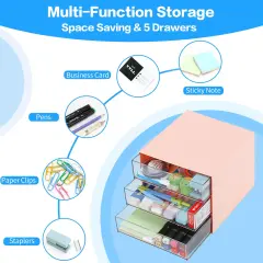 Desk Organizer with 4 Drawers, Clear Plastic Desk Storage Box, Desktop Organization for Office Supplies, Gel Pens, Pencils, Markers, Tape, Erasers, Paperclips, Chargers (Pink w 3Draws)