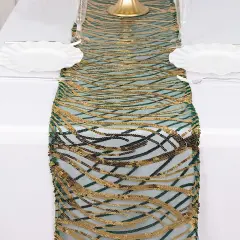 12x108 in Mesh Wavy Embroidered Sequins Table Runner Hunter green gold