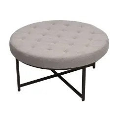Merrick Lane Almas 34-Inch Round Tufted Cotton Linen Ottoman with Durable Metal Frame Gray