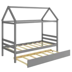 Wood Twin House Platform Bed Frame with Trundle, Sturdy Grey