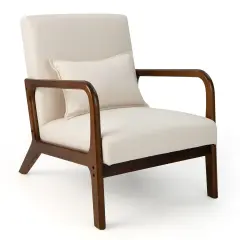Modern Accent Chair with Rubber Wood Frame and Lumbar Pillow Beige