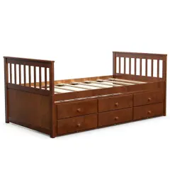 Pine Wood Twin Captain&rsquo;s Bed with Trundle and 3 Storage Drawers Walnut