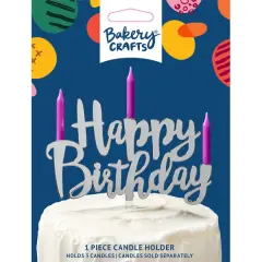 Happy Birthday Plastic Candle Holder Cake Topper, 1ct Silver