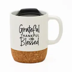 Dexsa Grateful Thankful Blessed Designer Cork Bottom Mug with Lid - 14 oz