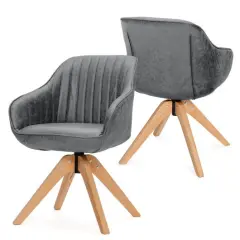 Set of 2 Leather Fabric Swivel Accent Chair with Beech Wood Legs and Ergonomic Backrest Grey