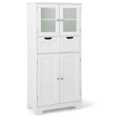 3 Tier Freer-Standing Bathroom Cabinet with 2 Drawers and Glass Doors White