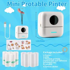 Mini Sticker Printer Bluetooth Smart Pocket Inkless Thermal Printer with 11 Rolls Thermal Paper and Sticker for iOS&Android, Portable Receipt Printer for Photo Journal Notes Memo