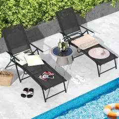 2 Piece Patio Folding Chaise Lounge Chairs Recliner With 6-level Backrest Black