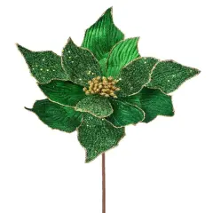 24" Green Velvet Poinsettia Flower with Beaded Accents &ndash; Christmas Flower Decoration