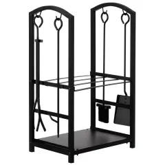 Indoor and Outdoor Patio Iron Firewood Log Cart with Fireplace Tool Rack, Black