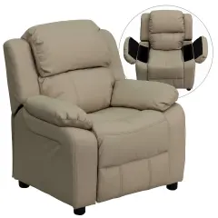 Emma and Oliver Deluxe Padded Contemporary Kids Recliner with Storage Arms Beige Vinyl