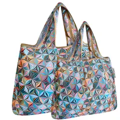 Wrapables Large & Small Foldable Tote Nylon Reusable Grocery Bags, Set of 2 Star Pattern
