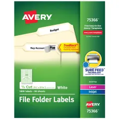 Avery TrueBlock File Folder Labels, 2/3" x 3-7/16", 1,800 Printable Labels, White (75366)