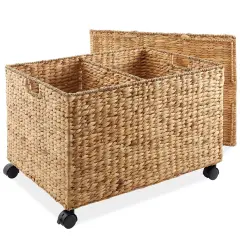 Casafield Rolling Storage Basket Cart with Lid and Locking Wheels - Handwoven Water Hyacinth Divided Recycling Sorting Bin for Kitchen, Laundry Room, Garage