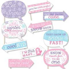 Big Dot of Happiness Funny Pink Snowflakes 1st Birthday - Girl Winter ONEderland Party Photo Booth Props Kit - 10 Piece
