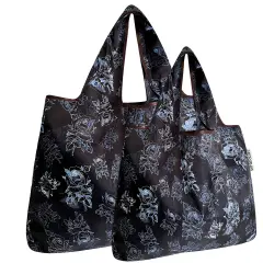 Wrapables Large & Small Foldable Tote Nylon Reusable Grocery Bags, Set of 2 Black Rose Shadow