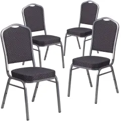 Emma and Oliver 4 Pack Crown Back Stacking Banquet Chair BlackFab/SilverVein