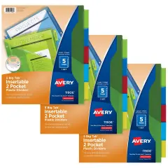 Avery Dividers for 3 Ring Binders, 5-Tab Binder Dividers, Two-Pocket Plastic Binder Dividers, Insertable Big Tab, Multicolor, 3 Sets (71906)