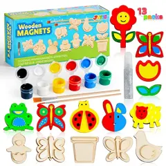 13 Wooden Magnet Creativity Arts & Crafts Painting Kit for Kids, Decorate Your Own Painting Gift for Easter Basket Stuffers, Birthday Parties and Family Crafts, Party Favors for Boys Girls