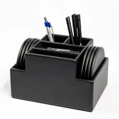 Black Leatherette 8 Round Coaster Set with Holder