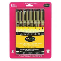 Sakura Pigma Micron, Brush and Graphic Markers - Set of 8, Black, Assorted Sizes