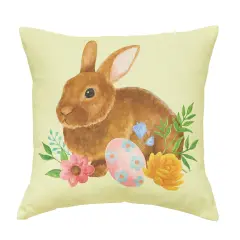 Yellow Floral Bunny Woven Spring Easter Themed Accent Throw Pillow, 18" x 18"