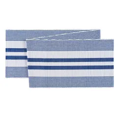 Classic Stripes Blue & White Table Runner 13" x 72" 4th of July Patriotic Woven Table Runner
