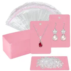 Pink Earring Cards for Selling Set with 100 Pieces Earring Display Cards, 200 Pieces Earring Backs and 100Pcs Jewelry Packaging Bag for Earrings Necklace Jewelry Display (3.5" x 2.3" Inches)