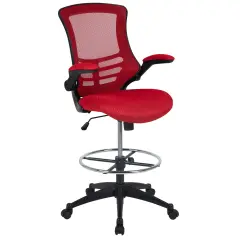 Emma and Oliver Mid-Back Mesh Ergonomic Drafting Chair with Foot Ring and Flip-Up Arms Red Mesh/Black Frame